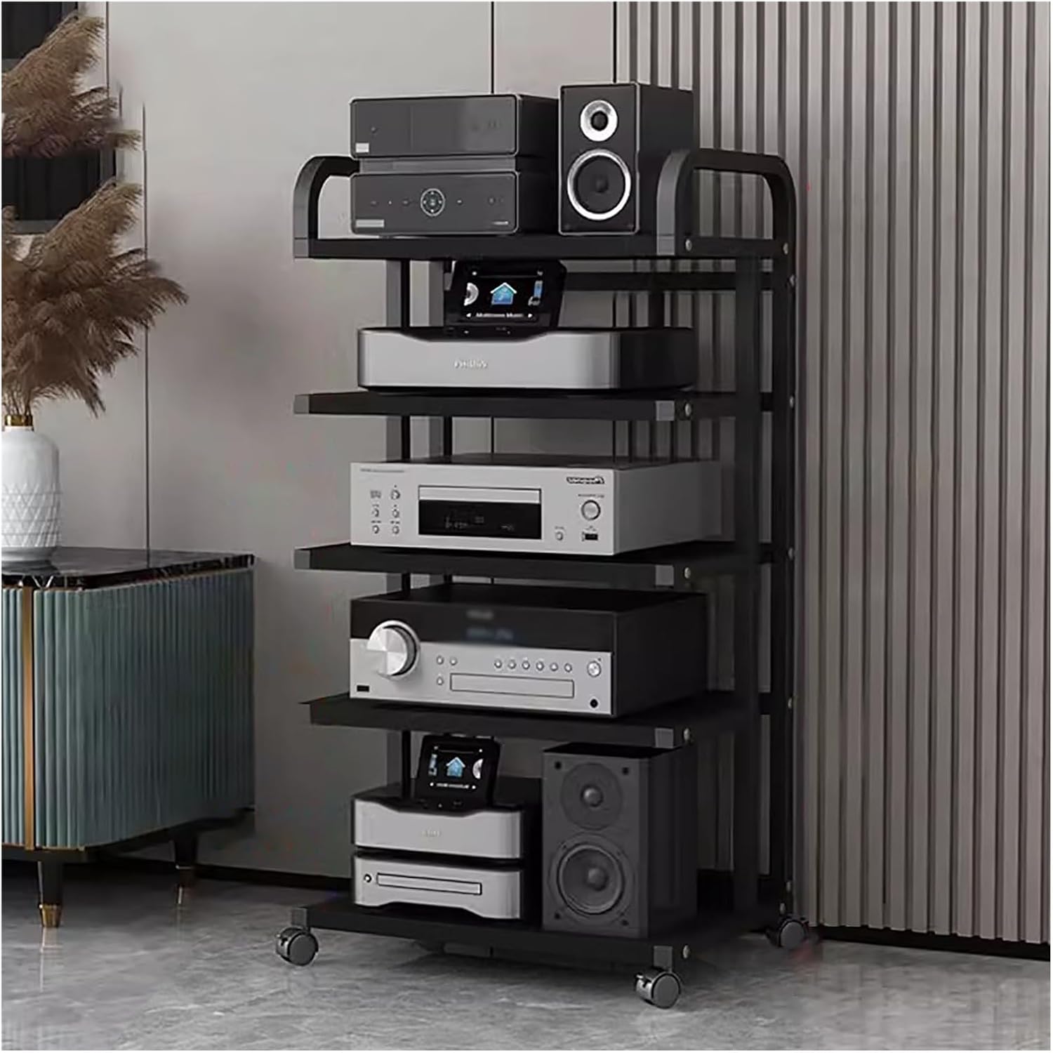 Audio Rack Av Tower Media Stand 5-Tier Electronics Equipment Shelf, Heavy Duty 106cm Tall Mobile Stereo Racks Cart on Wheels, Floor-Standing Commercial Home Media Stand, Black