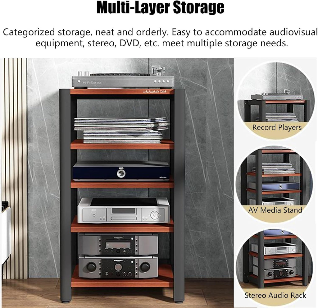 Audio Equipment Rack Cabinet, 5 4 3 2 Tier Av Component Media Stand Stereo Cabinet Audio-Video Tower with Non-Sip Foot Pad, Vertical Printer Holder(Light Coffee,64cm (25.2in) High)