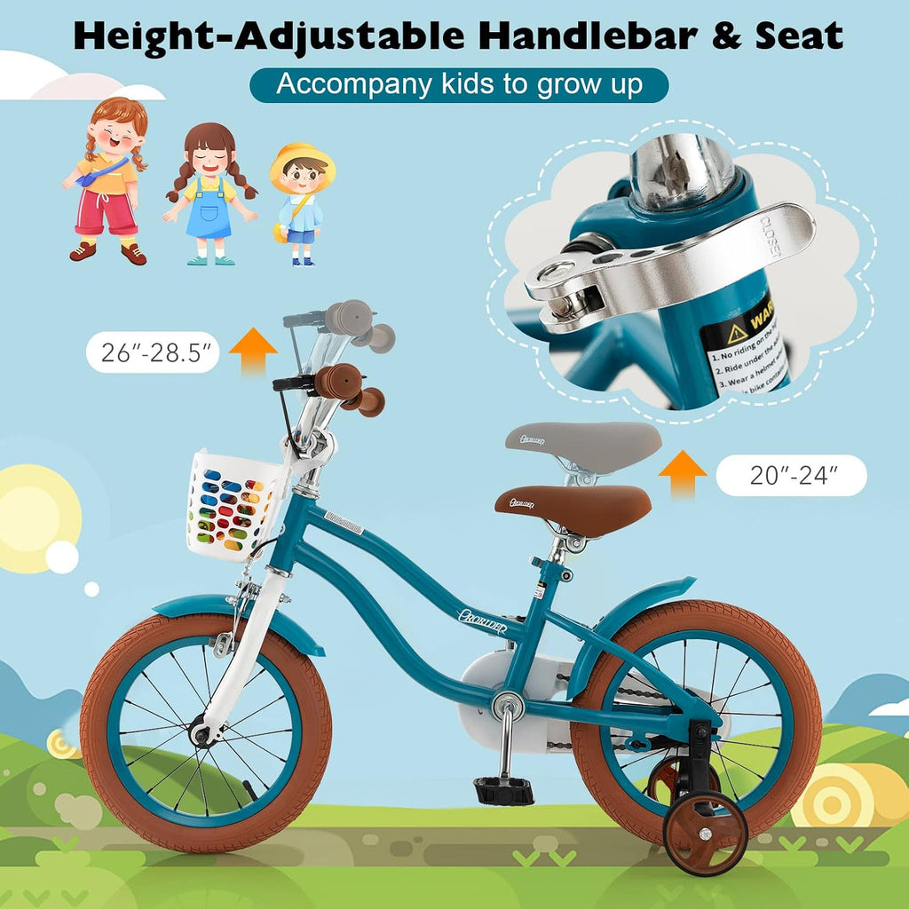 BABY JOY Kids Bike, 12 14 16 18 20 Inch Boys Girls Bike w/Adjustable Seat, Removable Basket, Handbrake & Coaster Brake, Training Wheels or Kickstand, Kids Bicycle with Multi-Color