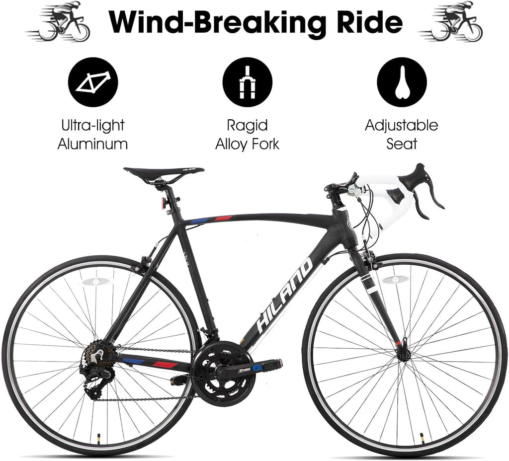 HILAND 14 Speeds 700C Road Bike, Light Weight Aluminum Frame Sport Bike, Racing Bike for Men Women Adult Bicycle 57 CM Frame Black