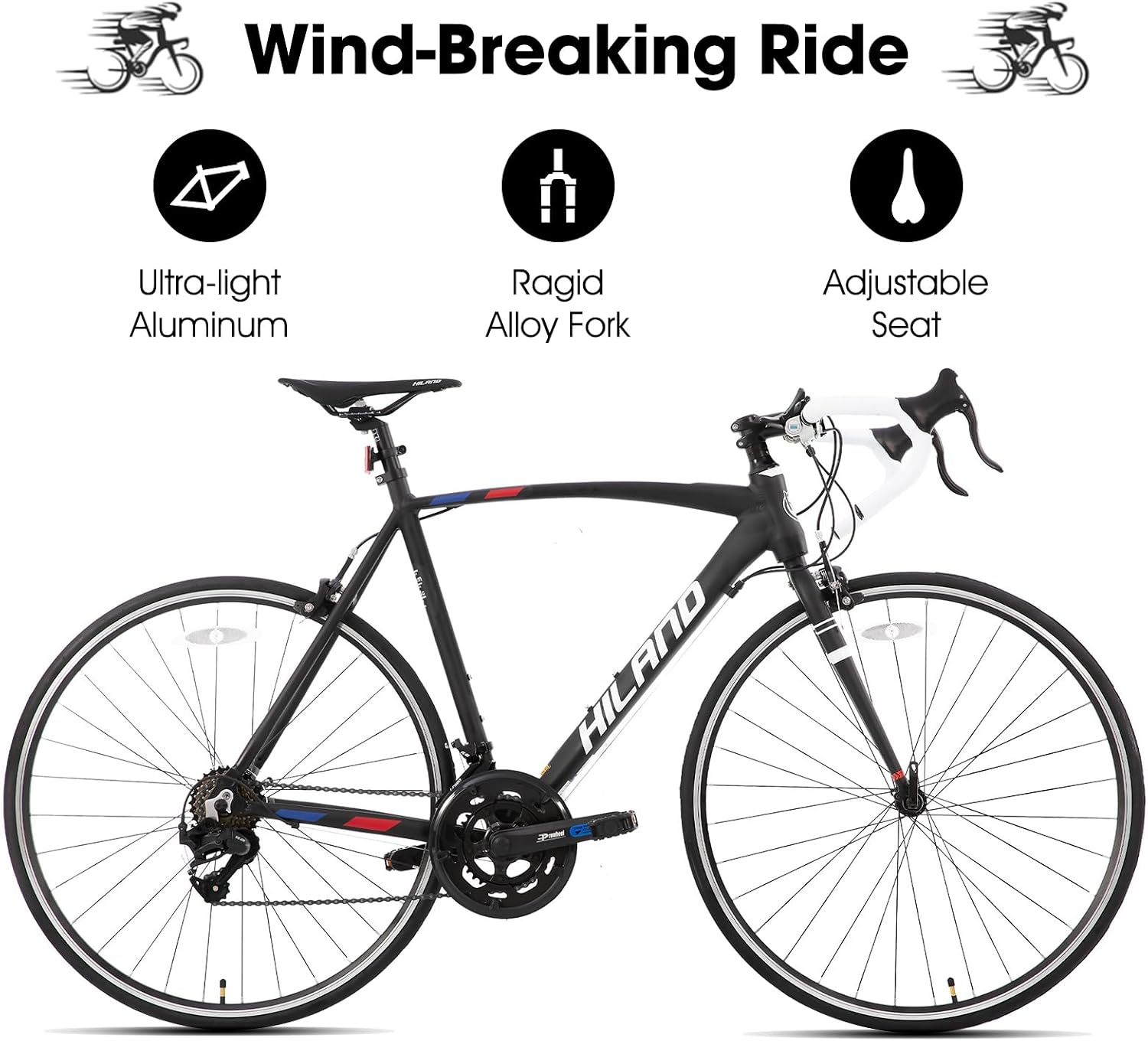 HILAND 14 Speeds 700C Road Bike, Light Weight Aluminum Frame Sport Bike, Racing Bike for Men Women Adult Bicycle 57 CM Frame Black