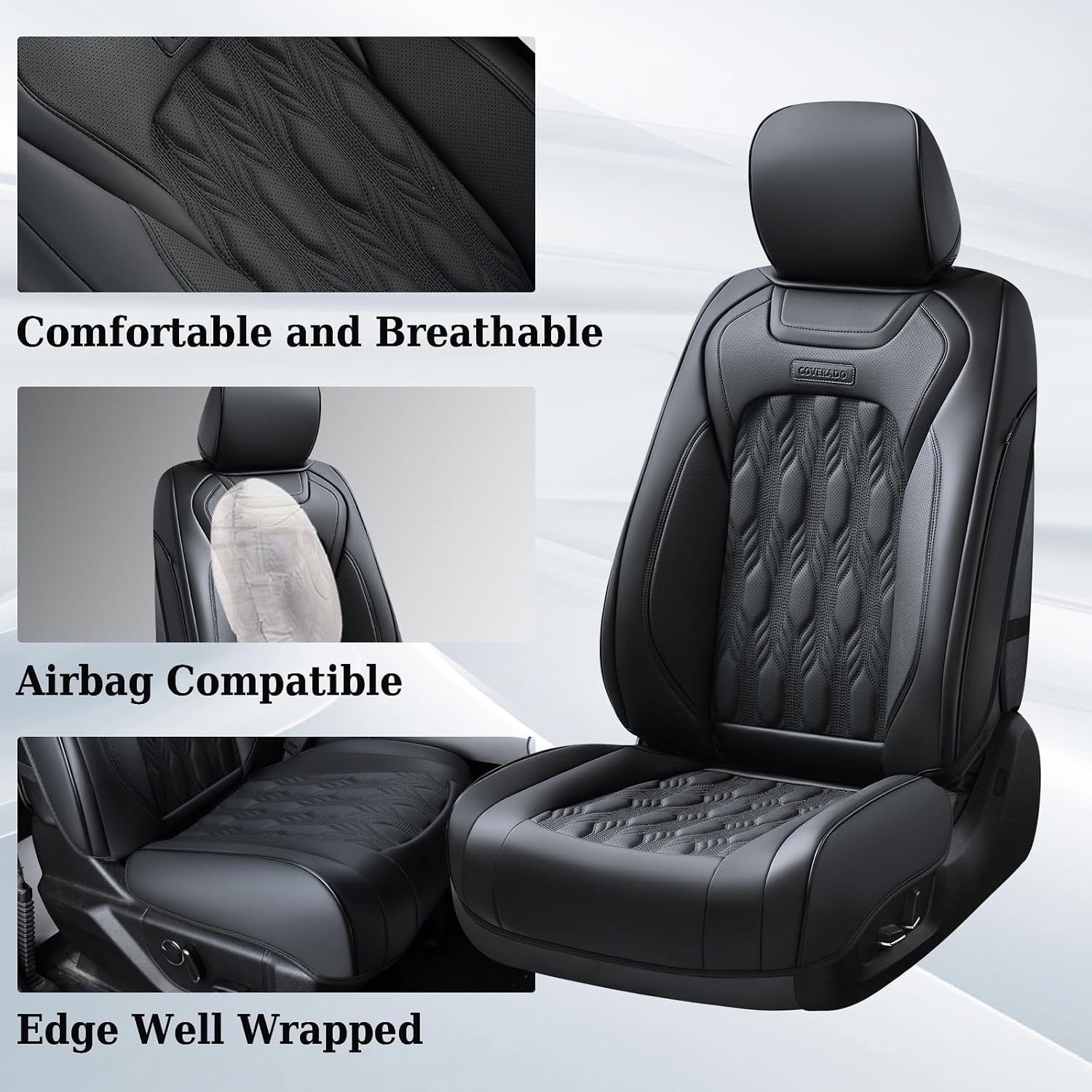 Coverado Car Seat Covers Full Set, Leather Ford F150 Seat Covers Fit for 2015-2026 F150 and 2017-2026 F250 F350 F450 Super Duty Crew Cab XL XLT Lariat King Ranch Platinum (Black)