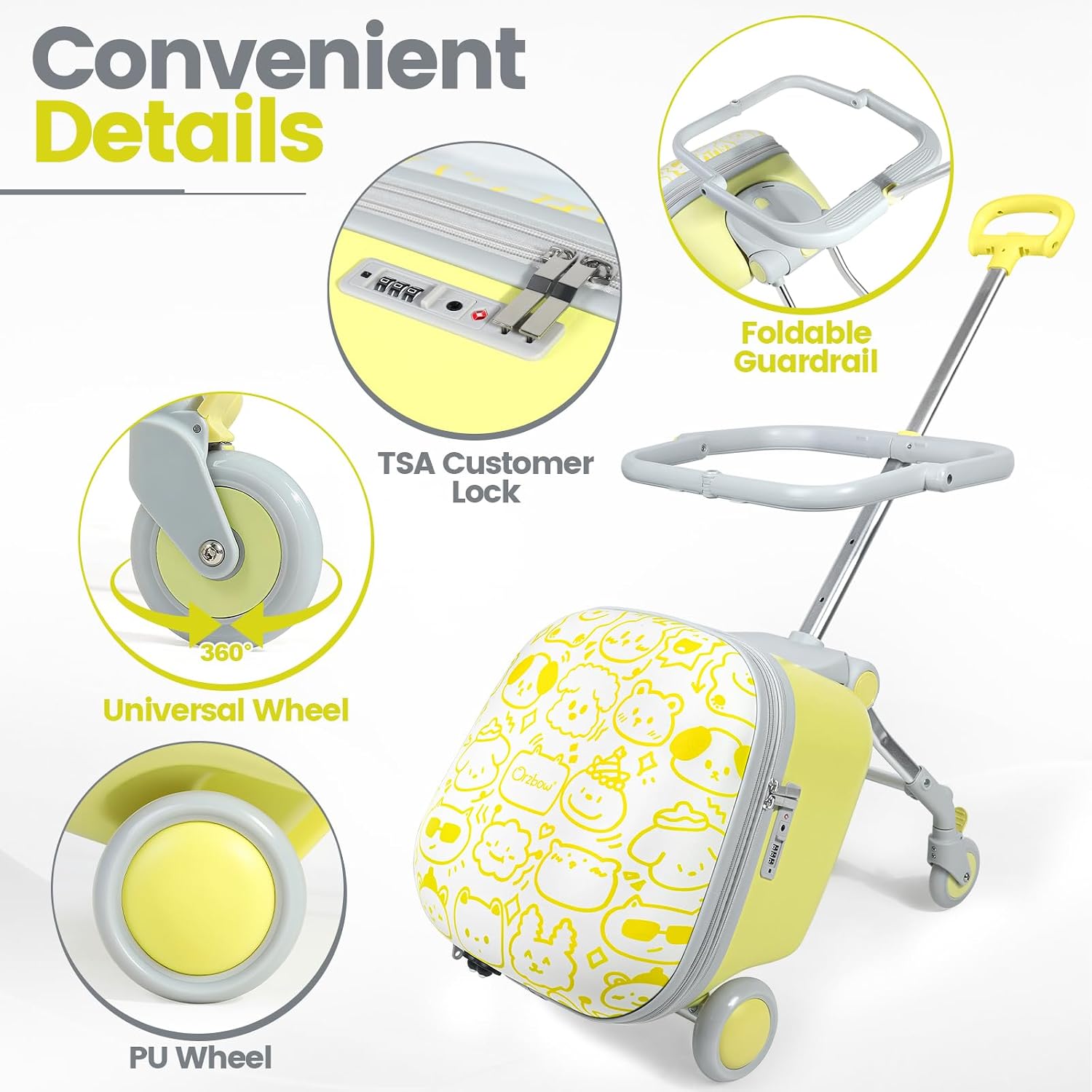 Orzbow 2-In-1 Ride On Luggage, Expandable Ride On Suitcase for Kids with Spinner Wheels, Carry On Luggage with Detachable Seat, Double as Stroller, Safety Guardrail, Help Your Child Relax, Yellow