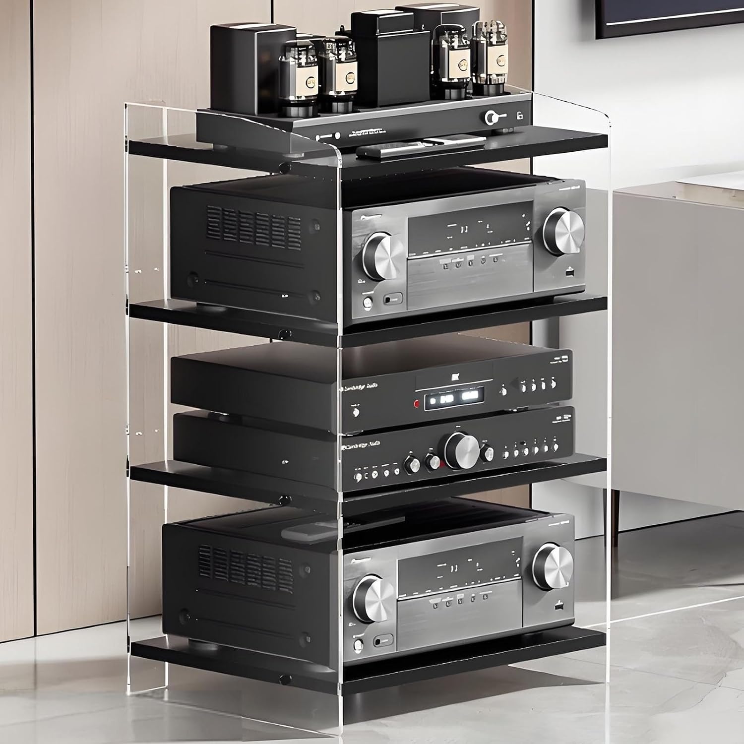 Modern Stereo Cabinet, Adjustable Media Storage Rack Tower for Record Players, DVD & Game Consoles, Stylish Audio Stand with Acrylic Baffle, Home Entertainment Furniture