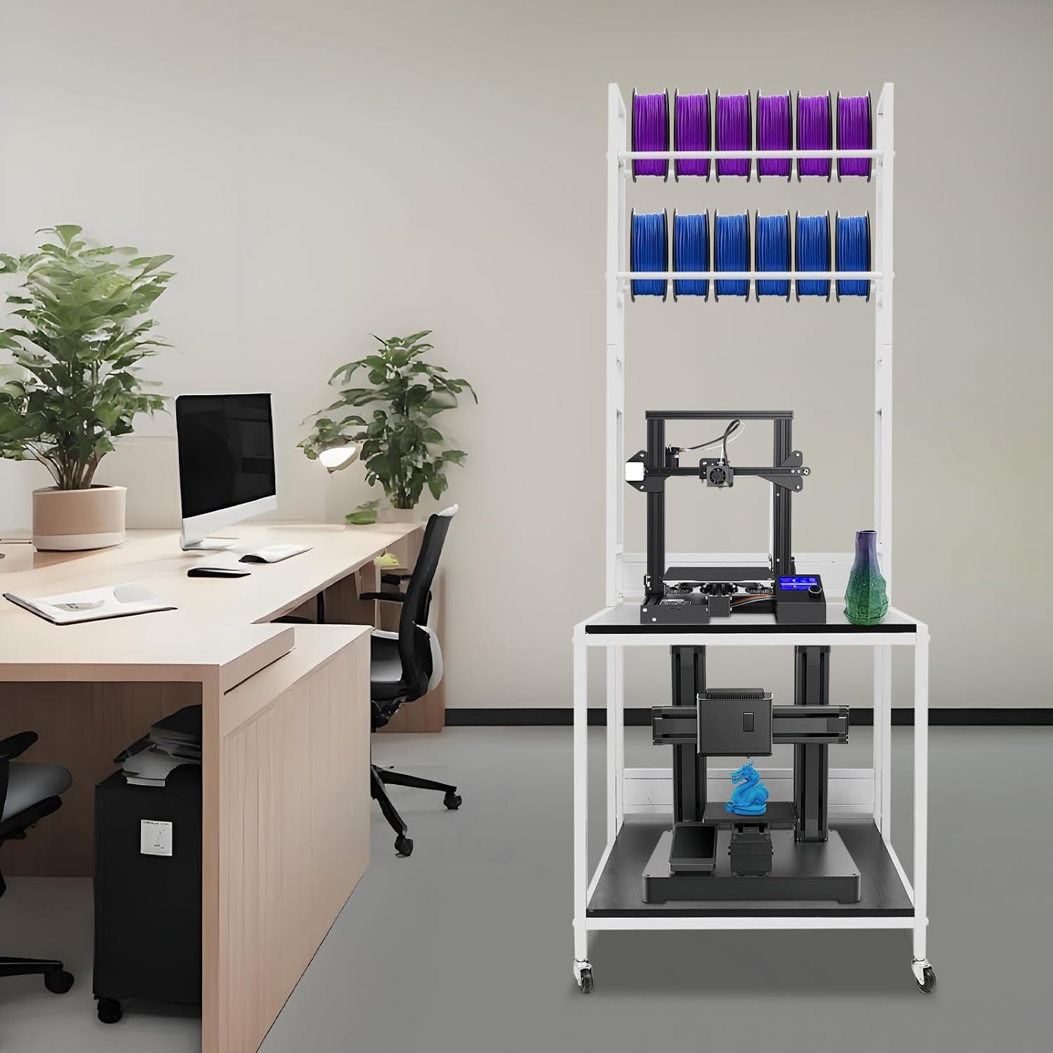 3D Printer Stand Rack with Filament Organizer, Upgraded 3D Printer Table Workbench with Wheels, Extended Storage Mobile 3D Printing Workstation for Studio Workshop