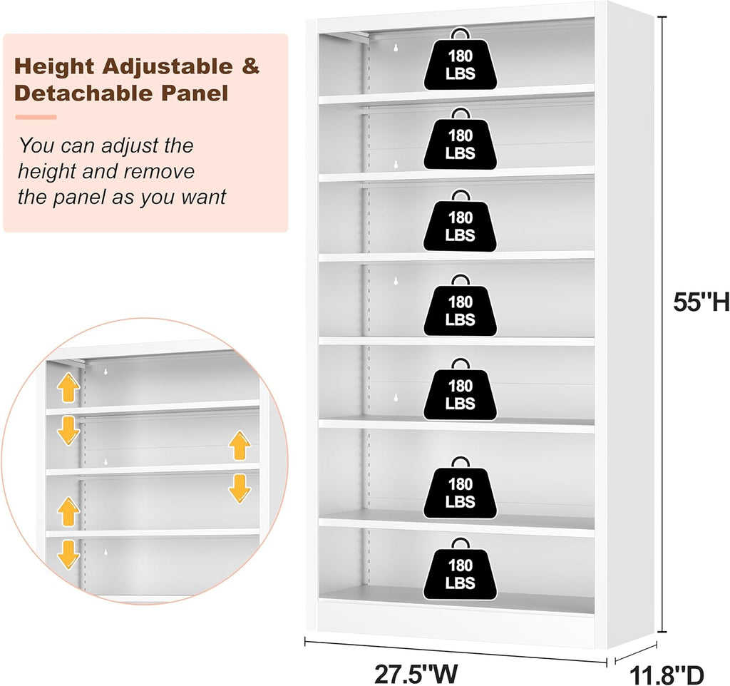 Metal DVD Storage Cabinet, 7 Tier Tall Media Storage Shelf with Adjustable Shelves, Freestanding CD & DVD Rack Tower Bookshelf for Living Room, Home Entertainment,White