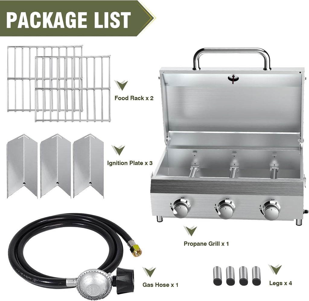 Bestfire 3-Burner Tabletop Gas Grill, 30,000 BTU Portable Propane Grill with Heavy-Duty Thickened Grates & Stainless Steel Knobs, Compact Design&Detachable Legs for Camping, RV, Backyard BBQ