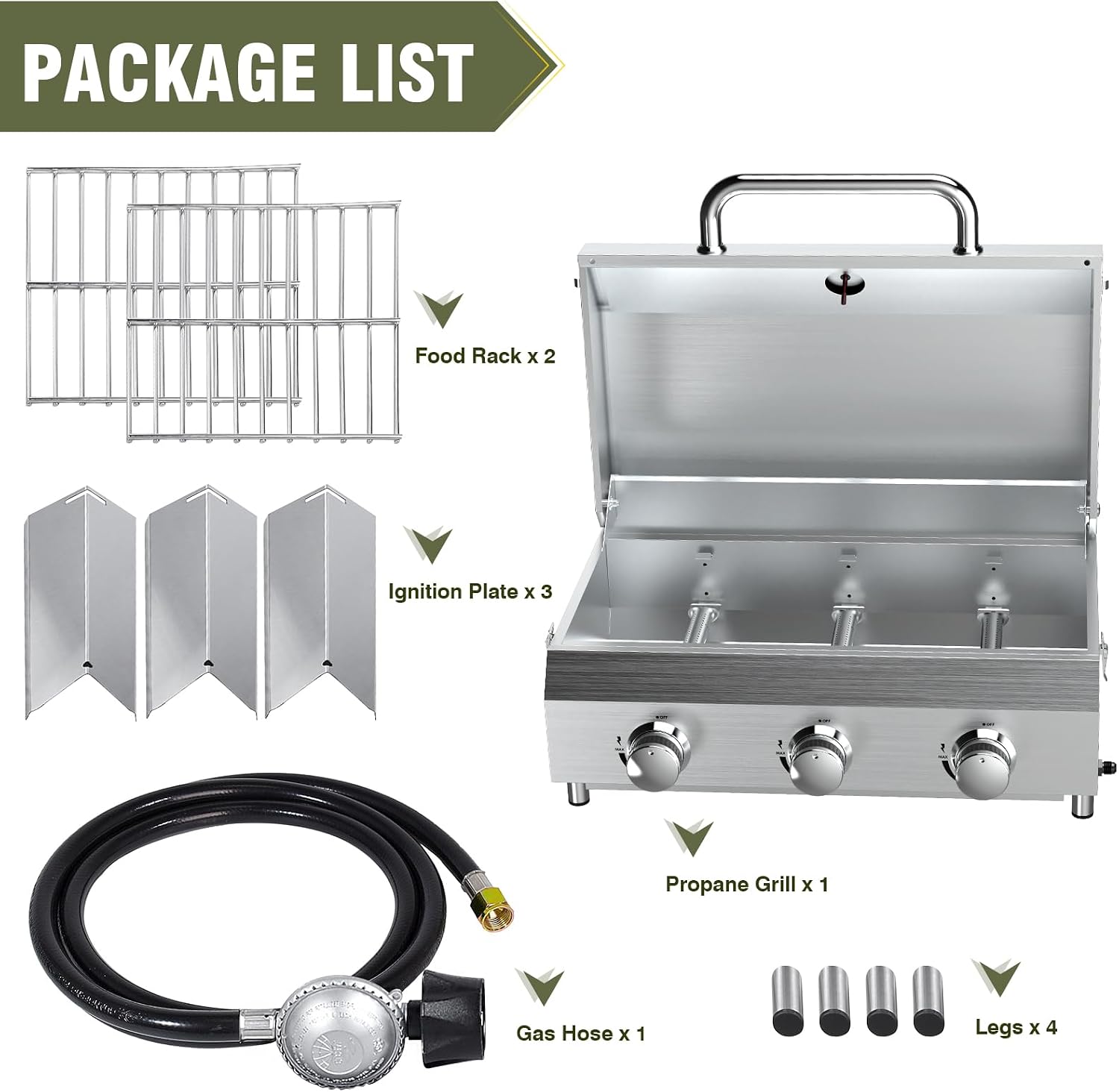 Bestfire 3-Burner Tabletop Gas Grill, 30,000 BTU Portable Propane Grill with Heavy-Duty Thickened Grates & Stainless Steel Knobs, Compact Design&Detachable Legs for Camping, RV, Backyard BBQ