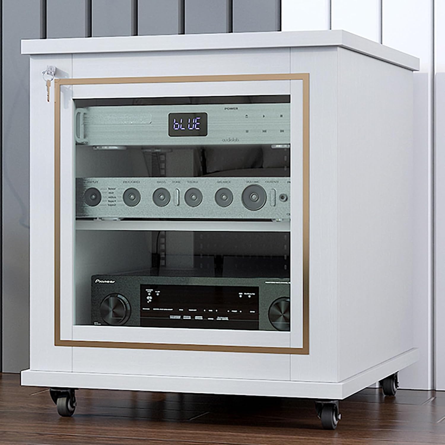 Audio/Video Component Cabinet with 4 U-bars, Stereo Audio Rack Stand Tower, AV Equipment Cabinet Display Stand, Cooling Holes for Meeting, Living, Recording Room Easy To Assemble 22x24x27in(White)