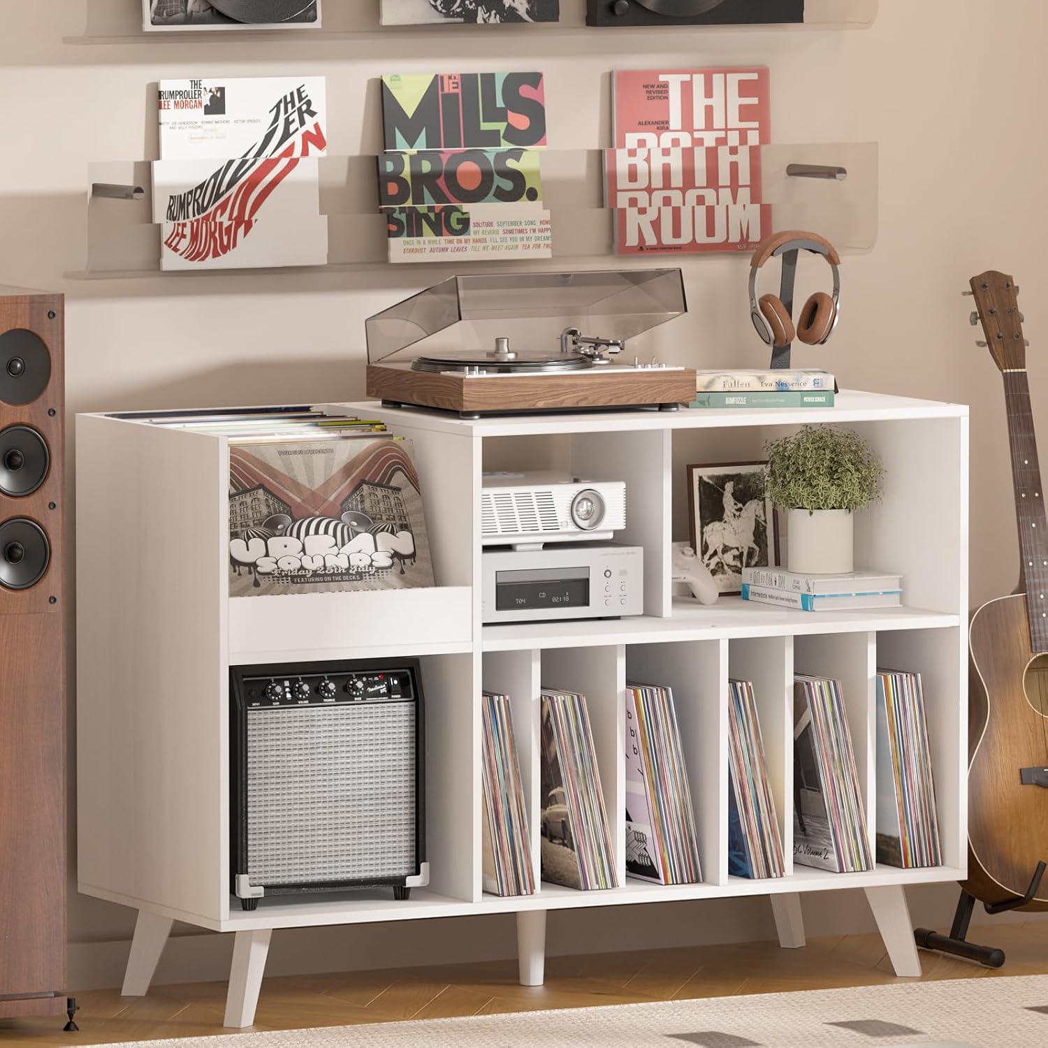 LELELINKY Large Record Player Stand, 48''Turntable Stand with Storage, Vinyl Record Holder with Display Area, Record Player Table Holds Up to 450 Albums, Record Stand for Music Room Living Room