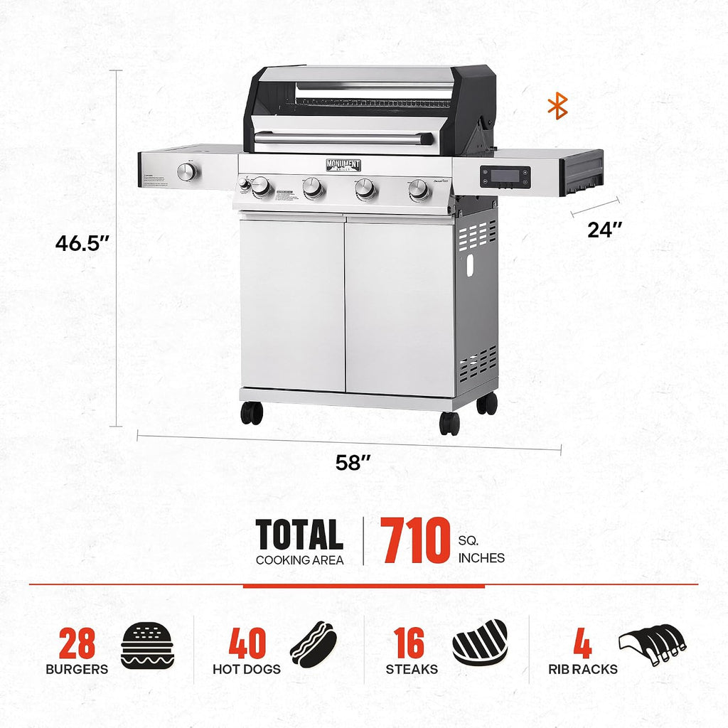 Monument Grills Denali Series, 4+1 Liquid Propane Gas Smart BBQ Grill, 4 Burners & 1 Side Burner, Denali 405 Stainless Steel with Smart technology, Knob Controls, Outdoor Use