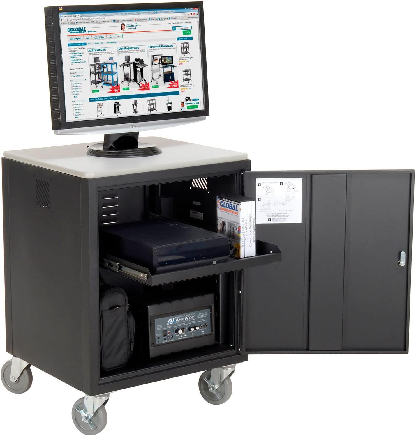 Global Industrial Audio Visual Cart w/Lockable Cabinet, 500 Lb. Capacity, Black