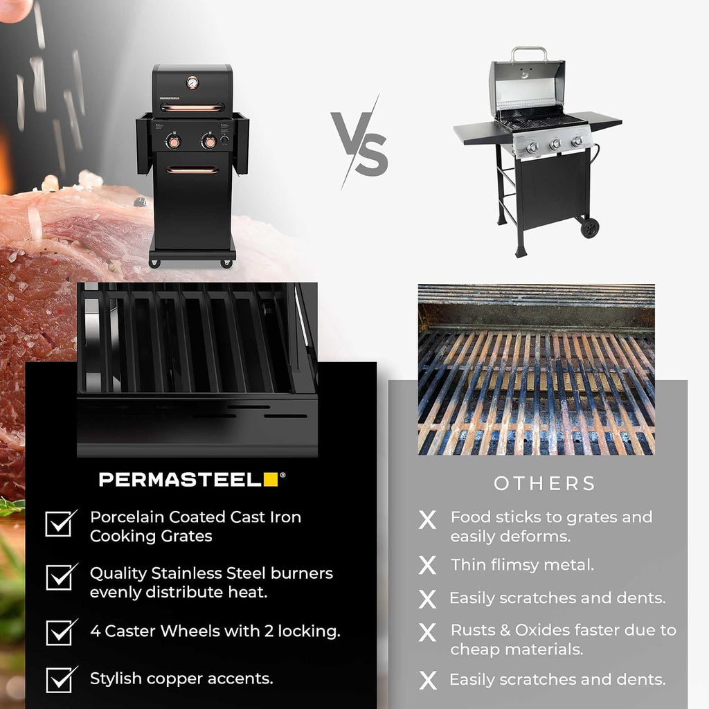 Permasteel 2-Burner Propane Gas Grill, BBQ Grill with Foldable Side Tables & Tool Hooks, Perfect for Outdoor Cooking, Patio & Garden, Black/Copper
