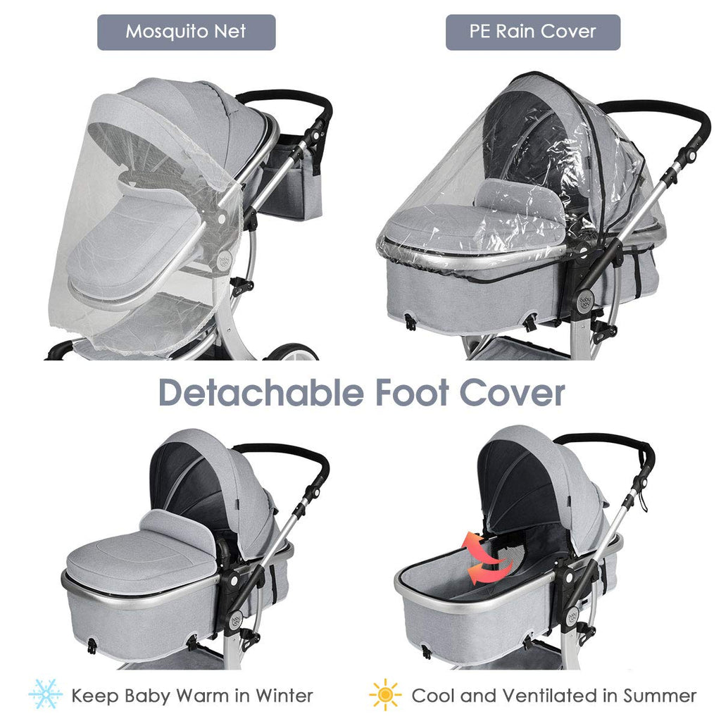 Honey Joy Baby Stroller, High Landscape Convertible Infant Bassinet Stroller, Adjustable Canopy & Backrest, Storage Basket, Foot Cover, Foldable Newborn Carriage Pram Stroller (Gray)
