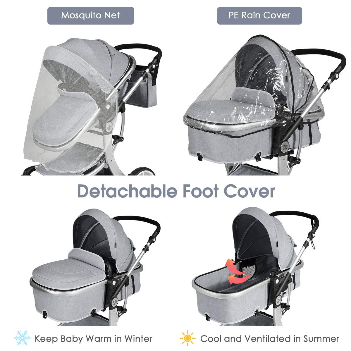 Honey Joy Baby Stroller, High Landscape Convertible Infant Bassinet Stroller, Adjustable Canopy & Backrest, Storage Basket, Foot Cover, Foldable Newborn Carriage Pram Stroller (Gray)