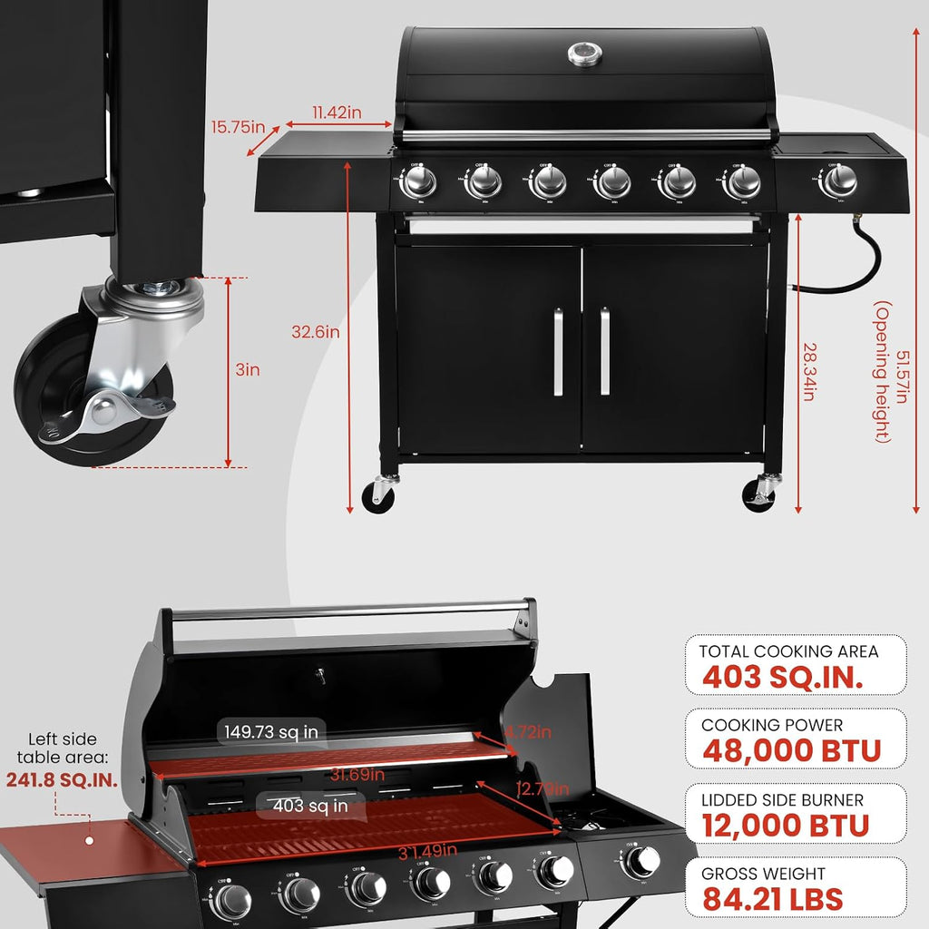 6-Burner w/Side Burner Gas Grill with 403 SQ.IN. Outdoor Grill with 60,000 BTU,Propane Grills with Top Cover Lid,Grills Outdoor Cooking for Patios,Camping,Balcony-Q032