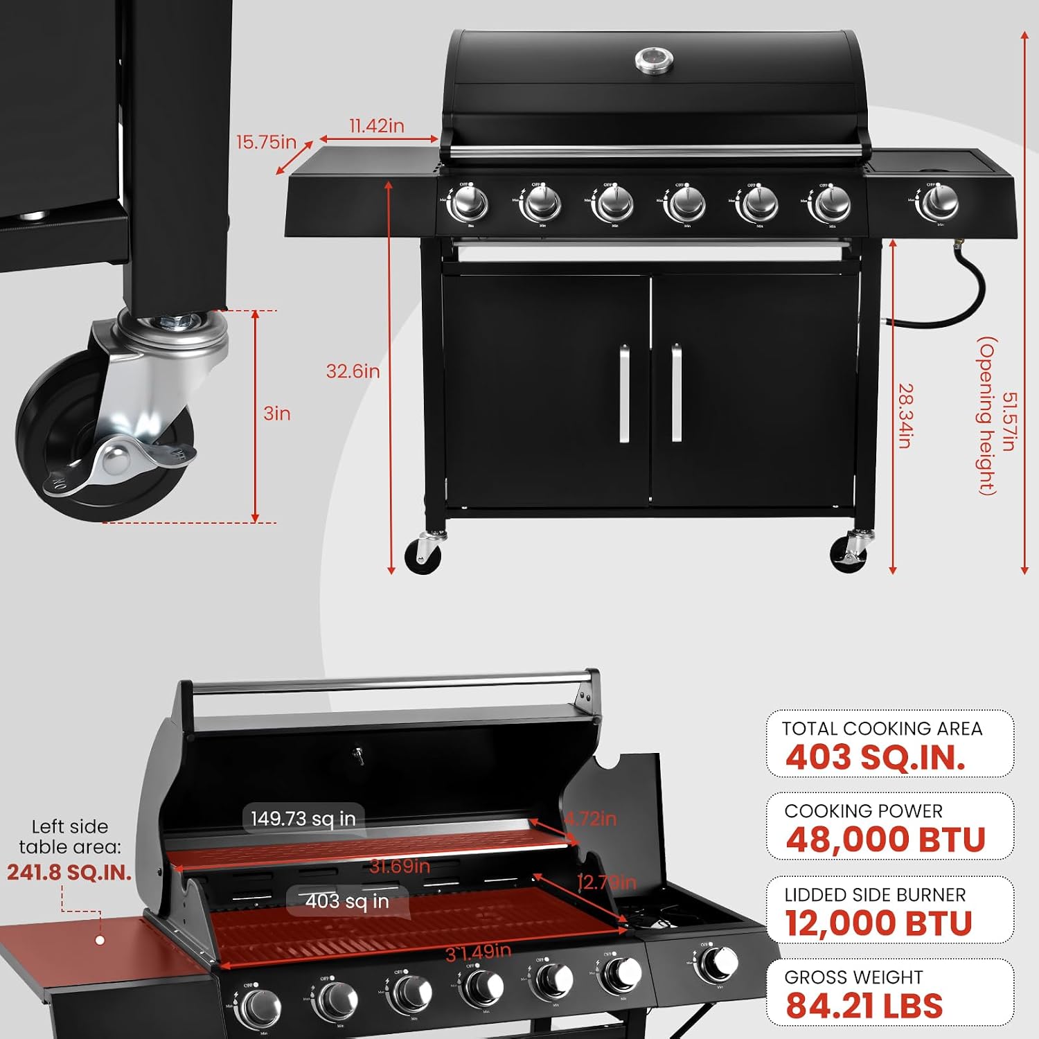 6-Burner w/Side Burner Gas Grill with 403 SQ.IN. Outdoor Grill with 60,000 BTU,Propane Grills with Top Cover Lid,Grills Outdoor Cooking for Patios,Camping,Balcony-Q032