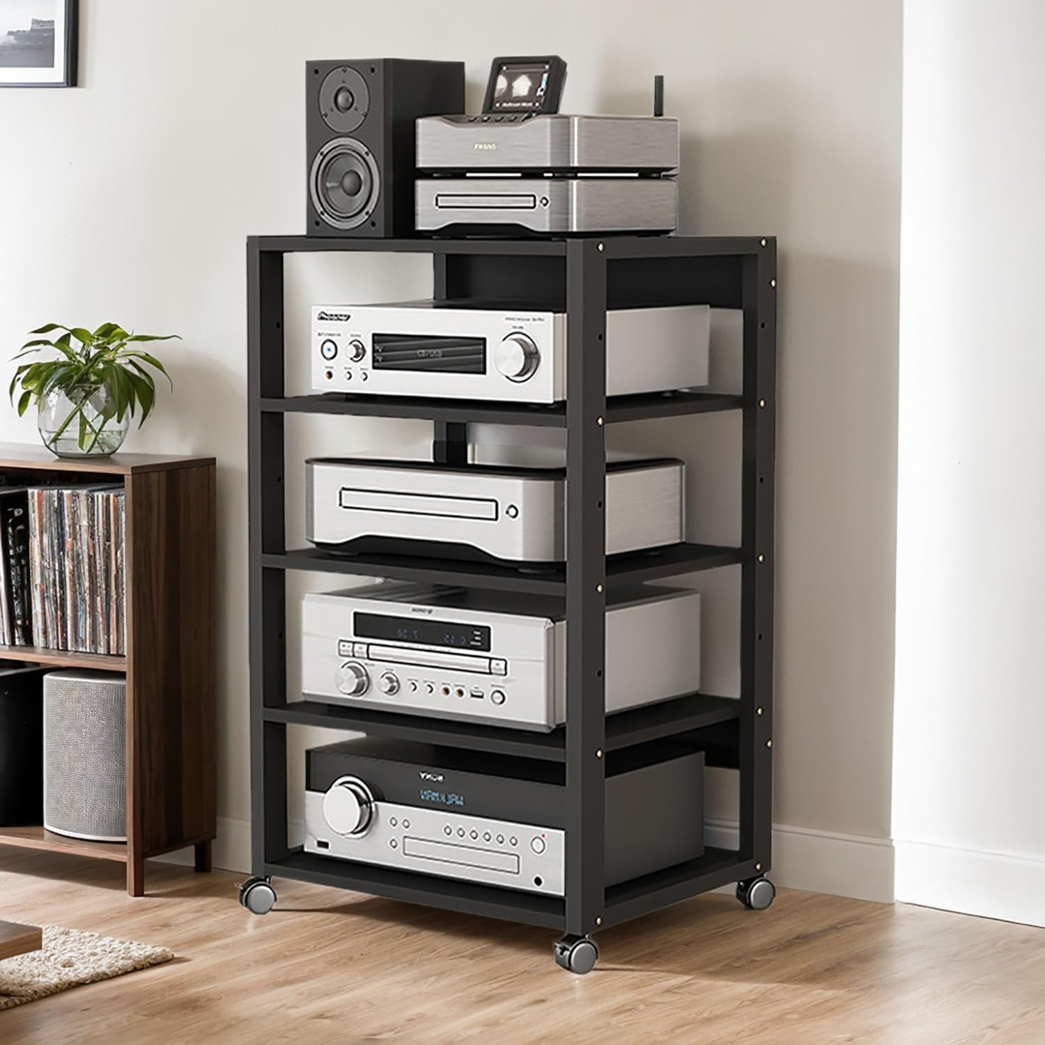 AV Media Tower Stereo Cabinet, 3/4/5 Tier Floor-Standing Audio Rack CD DVD Record Player Stand, Movable Corner Storage Shelf with Wheels for Home Theater, Black(5 Tier)