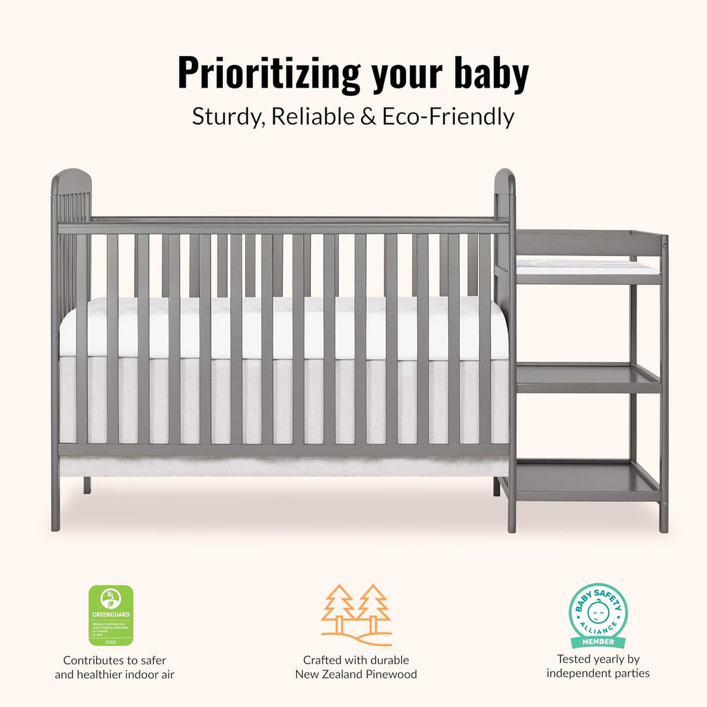 Dream On Me Anna 3-in-1 Convertible Full-Size Baby Crib & Changer with Storage in Steel Grey, GreenGuard Gold & JPMA, Pinewood, Converts to Day & Toddler Bed, 3 Mattress Heights, 1″ Changing Pad