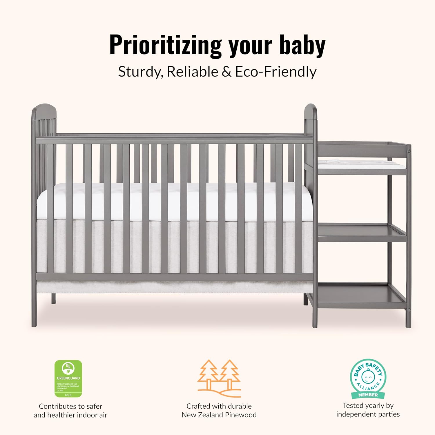 Dream On Me Anna 3-in-1 Convertible Full-Size Baby Crib & Changer with Storage in Steel Grey, GreenGuard Gold & JPMA, Pinewood, Converts to Day & Toddler Bed, 3 Mattress Heights, 1″ Changing Pad