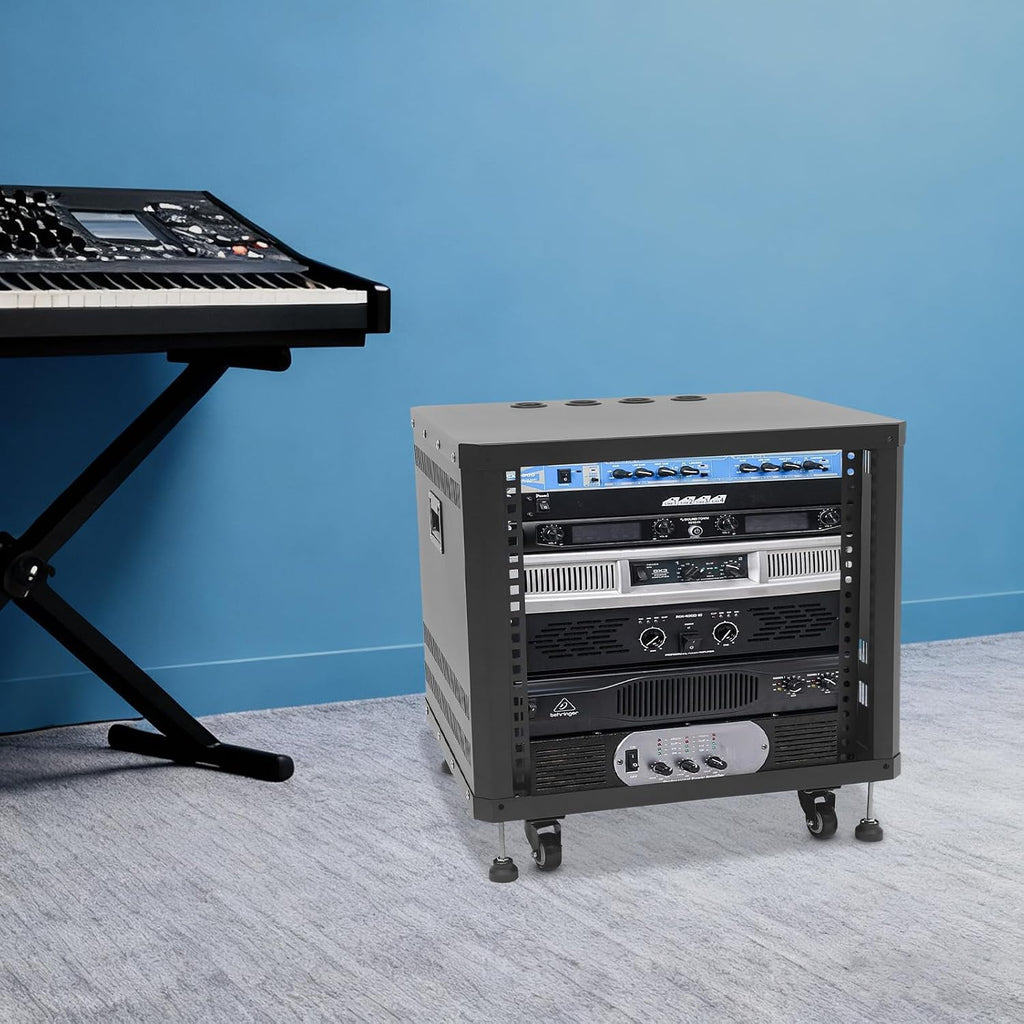 9U AV Rack with Wheels, Metal Studio Cabinet with Cable Ports, 22.4' x 19.7' x 21.8', Portable Home Studio Racks, Floor Standing Server Cabinet for Amplifiers, AV Equipment, Computers