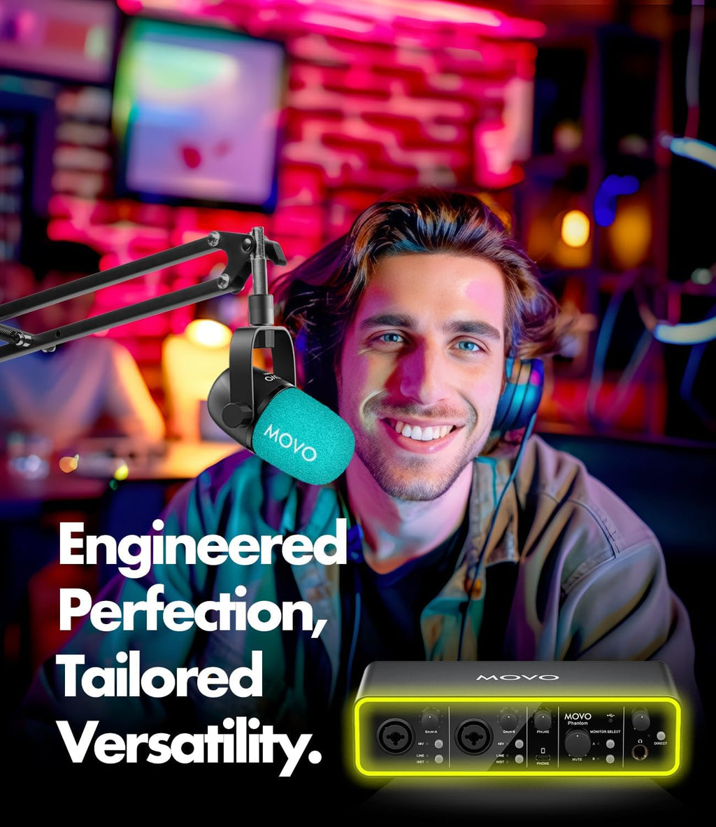 Movo Podcasting Equipment Bundle - Phantom USB Audio Interface, 2 CastMic XLR Dynamic Microphones, and 2 Boom Arms - Complete Studio Setup for Professional Podcasting and Streaming