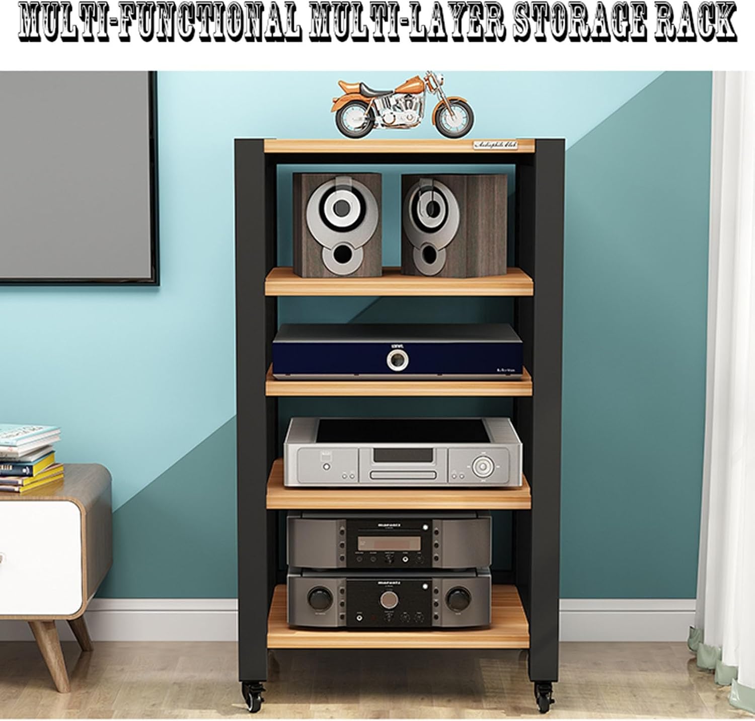5-Tier Movable AV Media Player Stand Corner Audio Tower Component Cabinet Stereo Stand Adjustable Open Storage Rack with Wooden Shelves and Steel Frame for Home/Office/Theater (Color : A) (A)