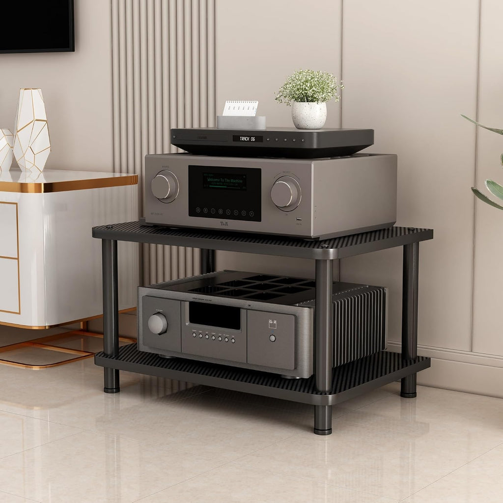 Floor-Standing 2 Tier AV Media Stand, Audio Rack Tower, TV Game Console Equipment Shelf, CD Record Player Stereo Component Rack Cabinet for Home Theater Studio(Carbon Fiber,60x40x37.5cm)