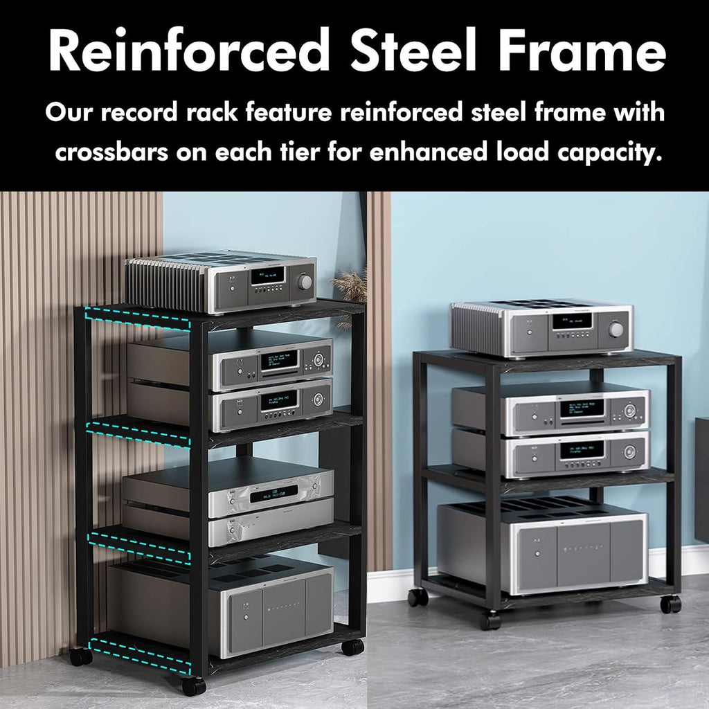 Rolling Audio Component Rack Tower Media Stereo Stand Equipment Shelves, Modern Stereo Cabinet Black White, Hi-fi Separates On Wheels for Home Record Player/DVD(White,2-Layer)