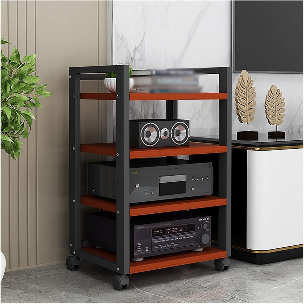 SRNSAEB Audio Equipment Rack On Wheels, Heavy Duty 3 4 Tier DVD Storage Media Shelf/HiFi Racks and Stands for Music Room/Cinema/Commercial Premises, Adjustable Av Component Stand(Deep Coffee,4 Tiers)