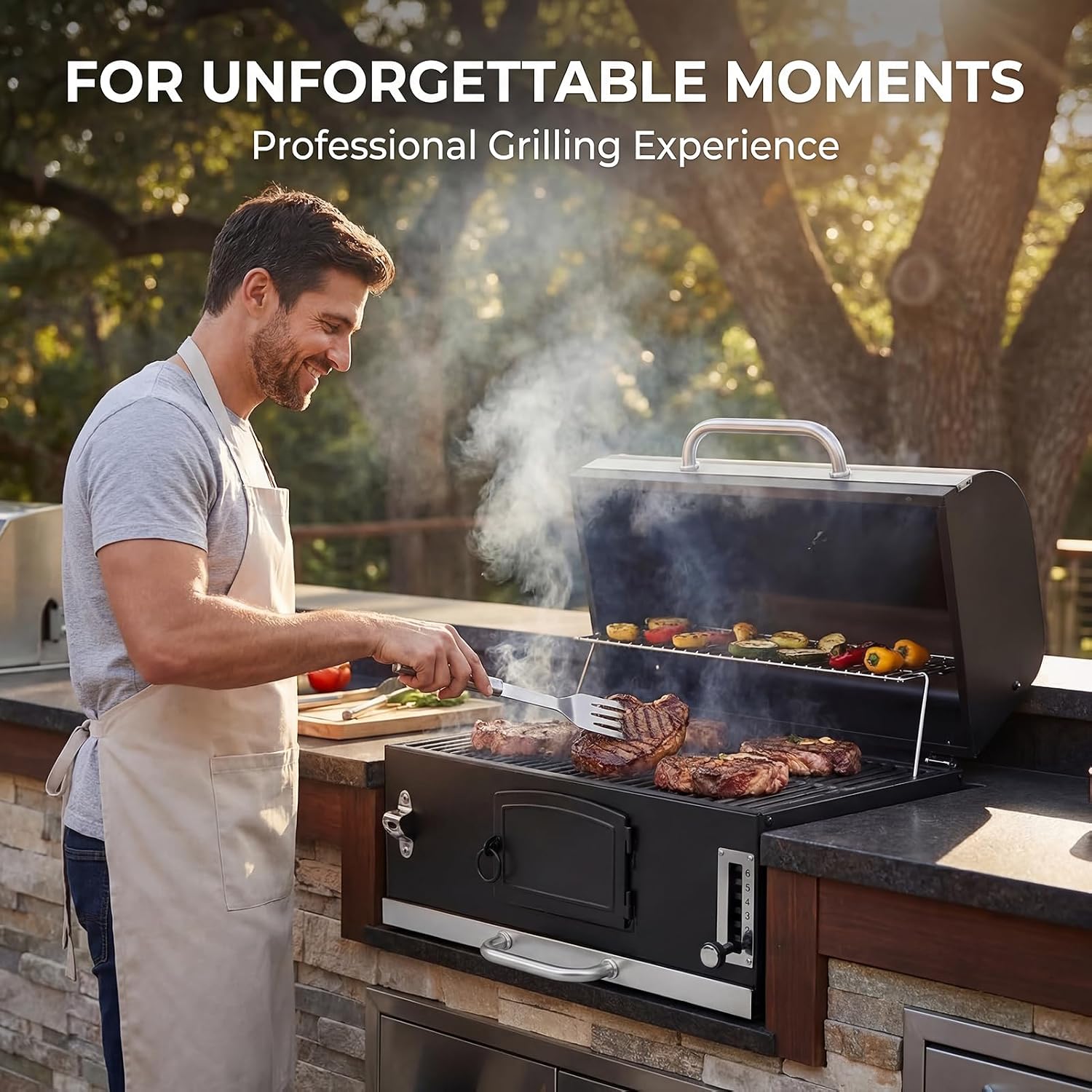 Large Built-in Barbecue Grills, Charcoal BBQ Grills with Liftable Tray, Insulated Hood & Temp Gauge, Black Stainless Steel Charcoal BBQ Barrel Grill for Outdoor Kitchen Camping Park Style
