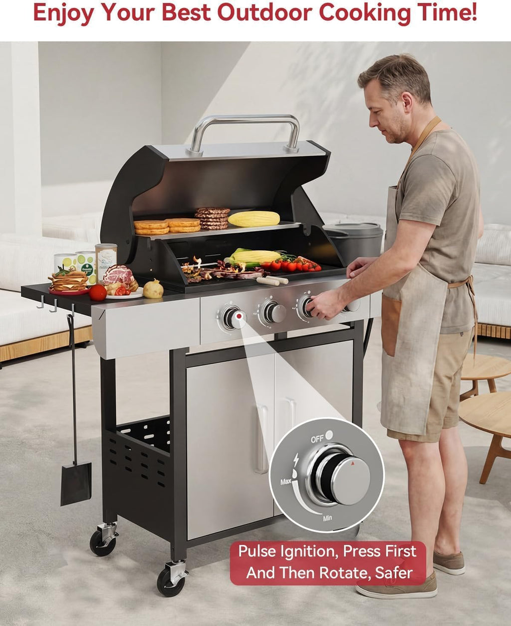Aoxun 4-Burner Propane Grill with Side Burner, 49000 BTU Gas Grill, Stainless Grill with Cast Iron Grates & Side Tables for Backyard, Patio, Camping, Black and Silvery