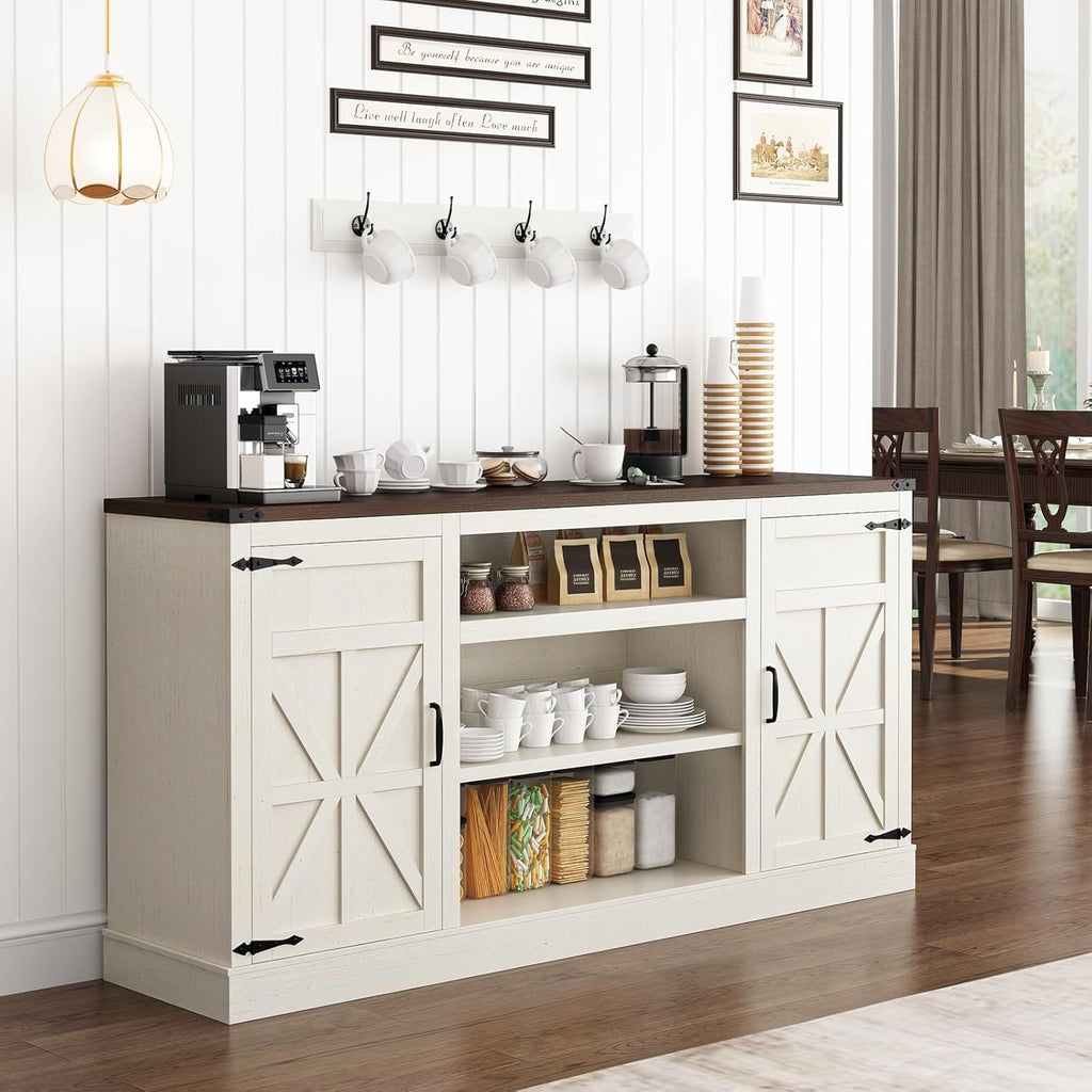 Hlivelood 66' Farmhouse TV Stand with Power Outlets for 75 Inch TVs, 33' Tall Entertainment Center with Storage Cabinets w/Adjustable Shelves, Rustic Large TV Media Console, Rustic White
