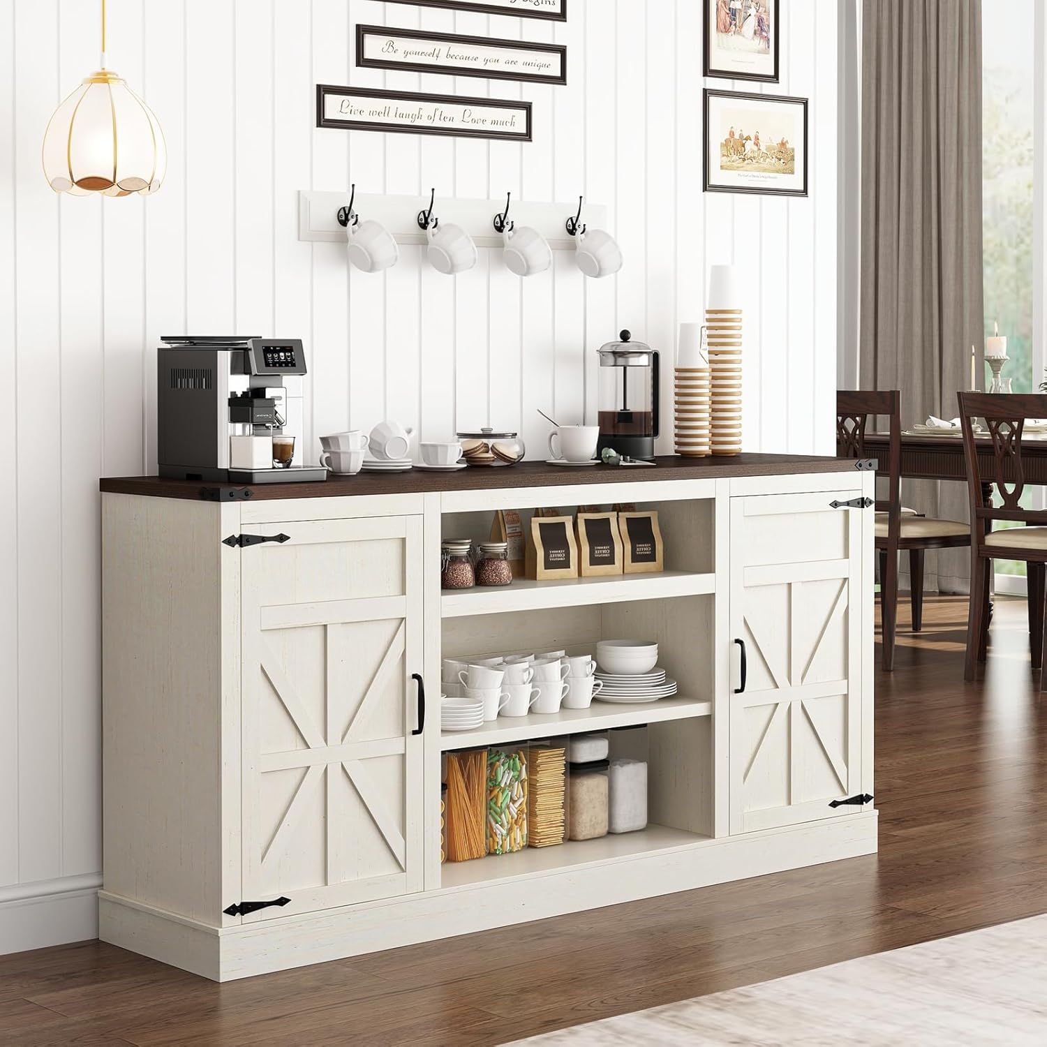 Hlivelood 66' Farmhouse TV Stand with Power Outlets for 75 Inch TVs, 33' Tall Entertainment Center with Storage Cabinets w/Adjustable Shelves, Rustic Large TV Media Console, Rustic White
