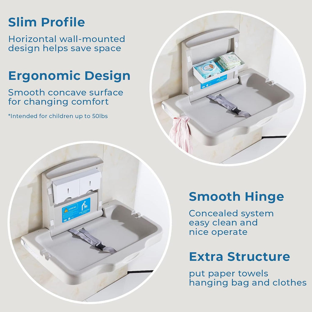 Baby Changing Station Wall Mounted, Baby Changing Table with Safrty Strap, HDPE Fold-Down Diaper Changing Station Table, Foldable Diaper Changing Unit for Commercial Bathroom Restroom