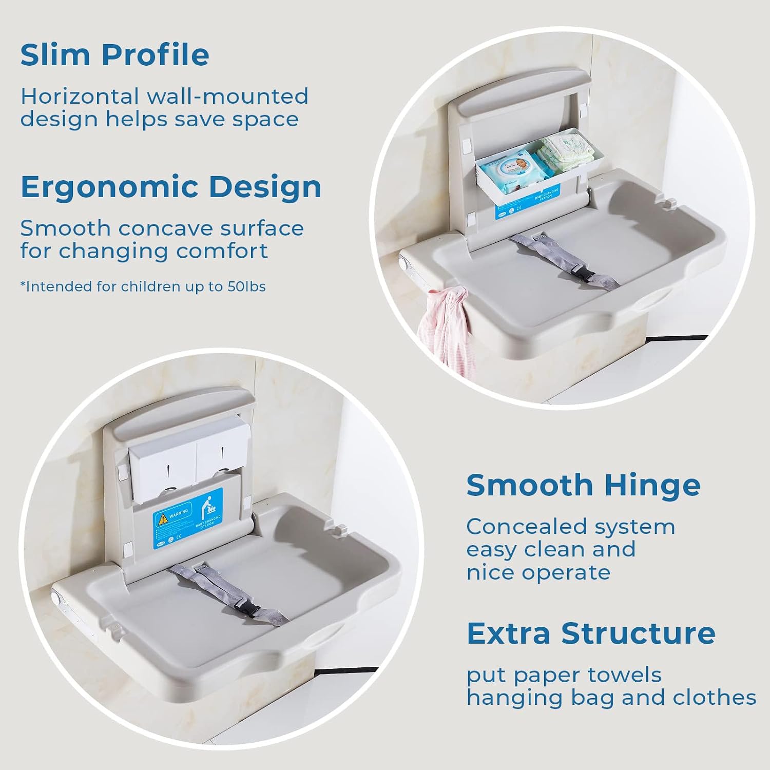 Baby Changing Station Wall Mounted, Baby Changing Table with Safrty Strap, HDPE Fold-Down Diaper Changing Station Table, Foldable Diaper Changing Unit for Commercial Bathroom Restroom