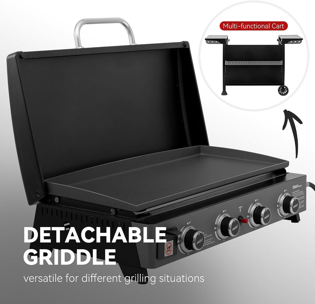Royal Gourmet PD4001 4 Burner Propane Gas Griddle with Removable Standing Cart, Convertible to Tabletop Design, Flat Top Grill with Hood for Camping, Tailgating, Backyard, Black