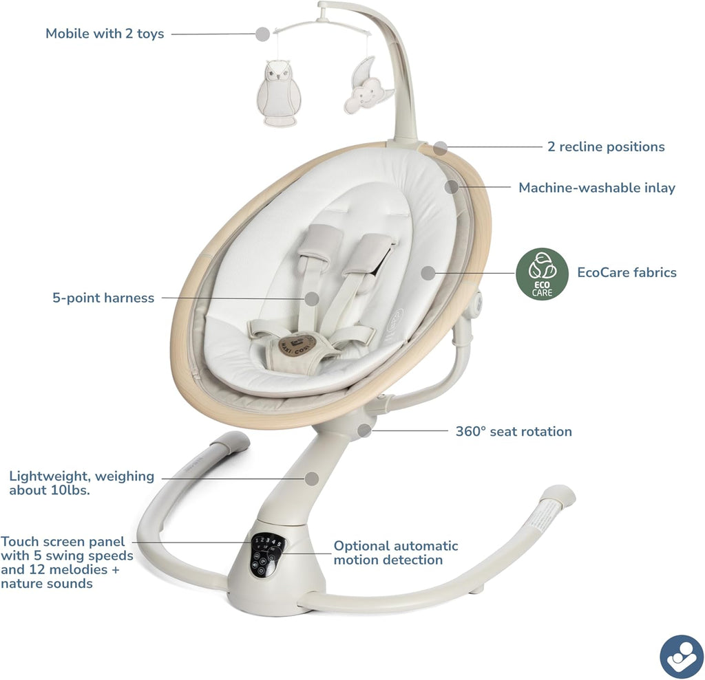 Maxi-Cosi Cassia Baby Swings for Infants: Smart Portable Baby Swing with Music, Lightweight & Foldable Baby Swing, 360 Rotation Infant Swing, Classic Oat