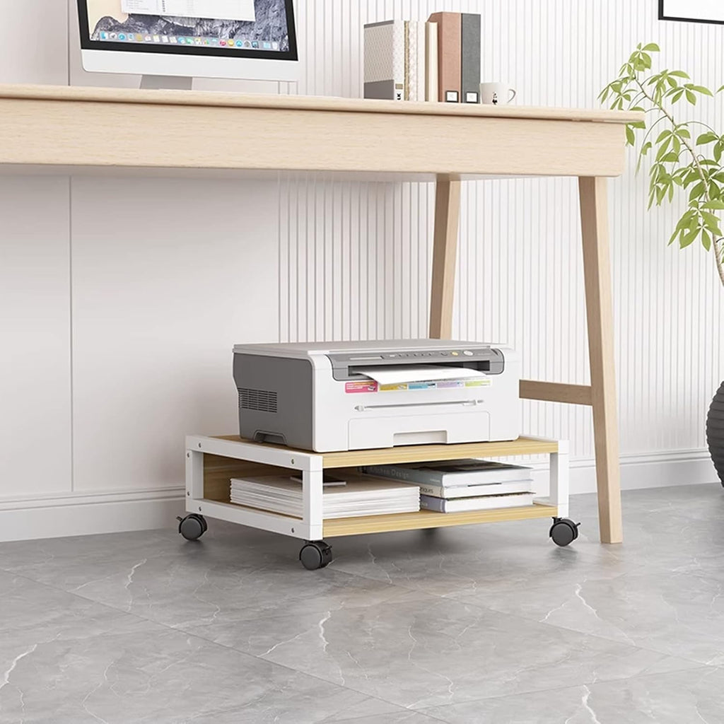 Office 2 Tiers Under Desk Printer Stand Small and Short Rolling Movable with 4 Wheels & Lock Mechanism Office Shelf for Mini 3D Printer Table