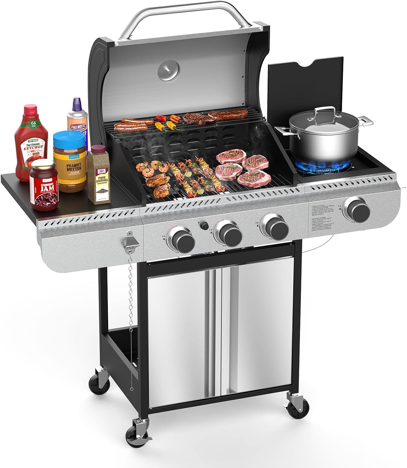 Electactic 3-Burner Propane Gas BBQ Grill with Side Burner,Stainless Steel Grill with Porcelain-Enameled Grates,37000 BTU Barbecue Grill, Suitable for Outdoor Cooking,Camping,Patio Backyard