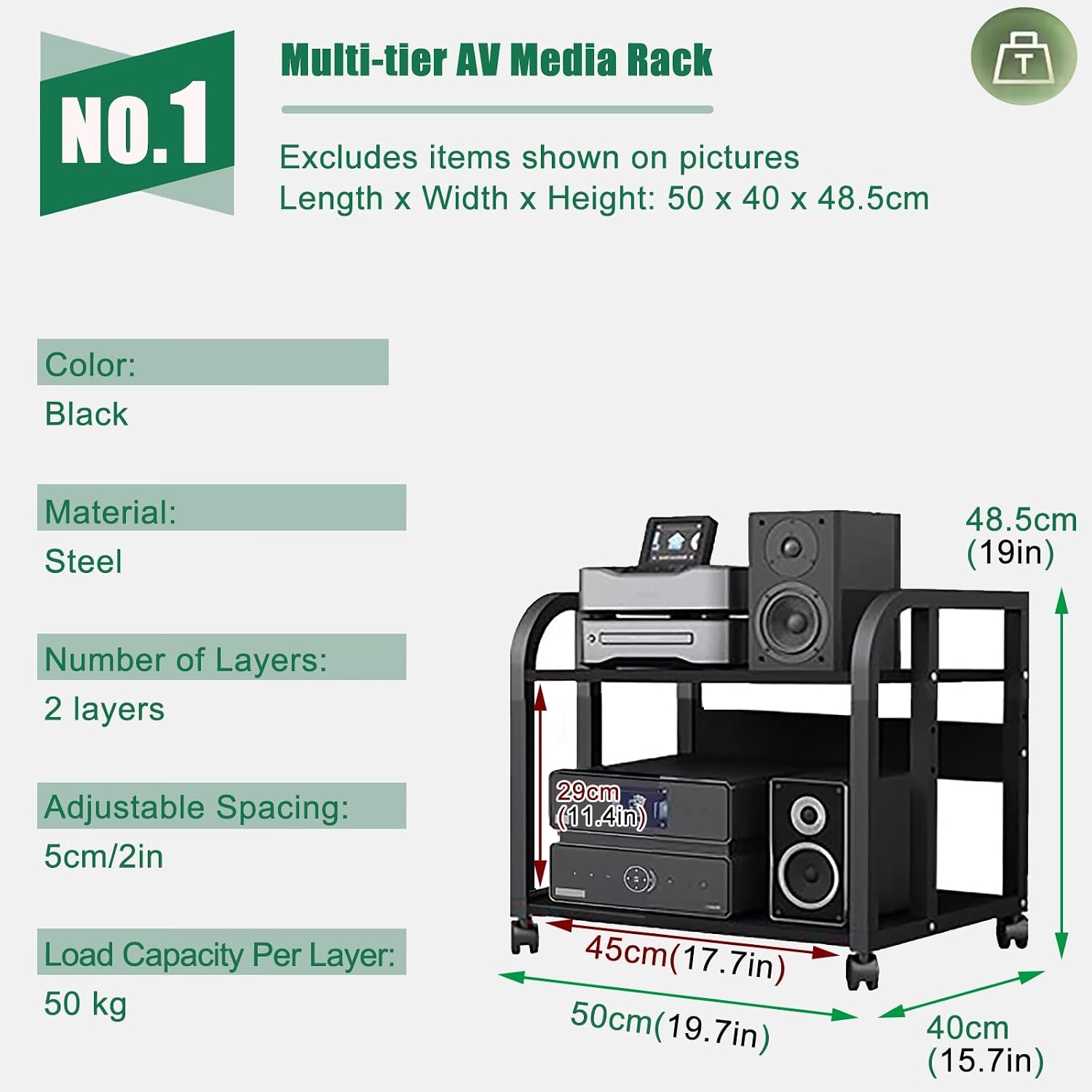 2 3 4 5 Tier Audio Equipment Rack Cabinet for Headphones Monitors Recording Video Game/DVD Shelf Stand Storage Shelf - Record Player Console Cabinet Vintage(2 Tier-H48cm)