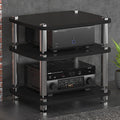 3 Tier Media Stand with Stainless Steel Legs, Open Audio Rack, Shock-Absorbing Feet, TV Entertainment Unit, Modern Storage Cabinet (Black, 60x48x57cm)