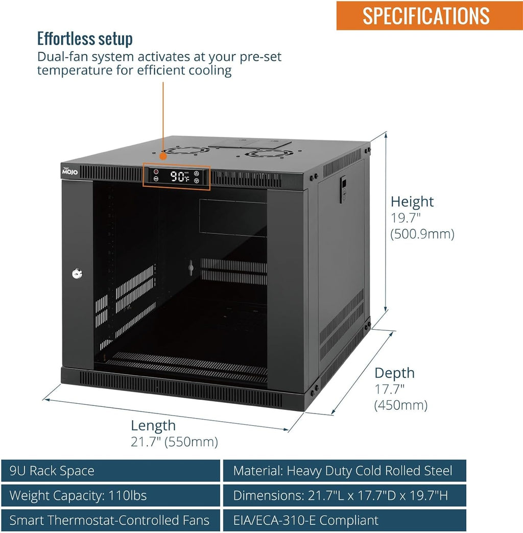 Tecmojo 9U Wall Mount Rack with Thermostat, 17.7inch Depth Enclosed Server Cabinet with 2 Cooling Fans,Lockable Door & Hardware,9U Rack for 19inch Equipments,Glass Door