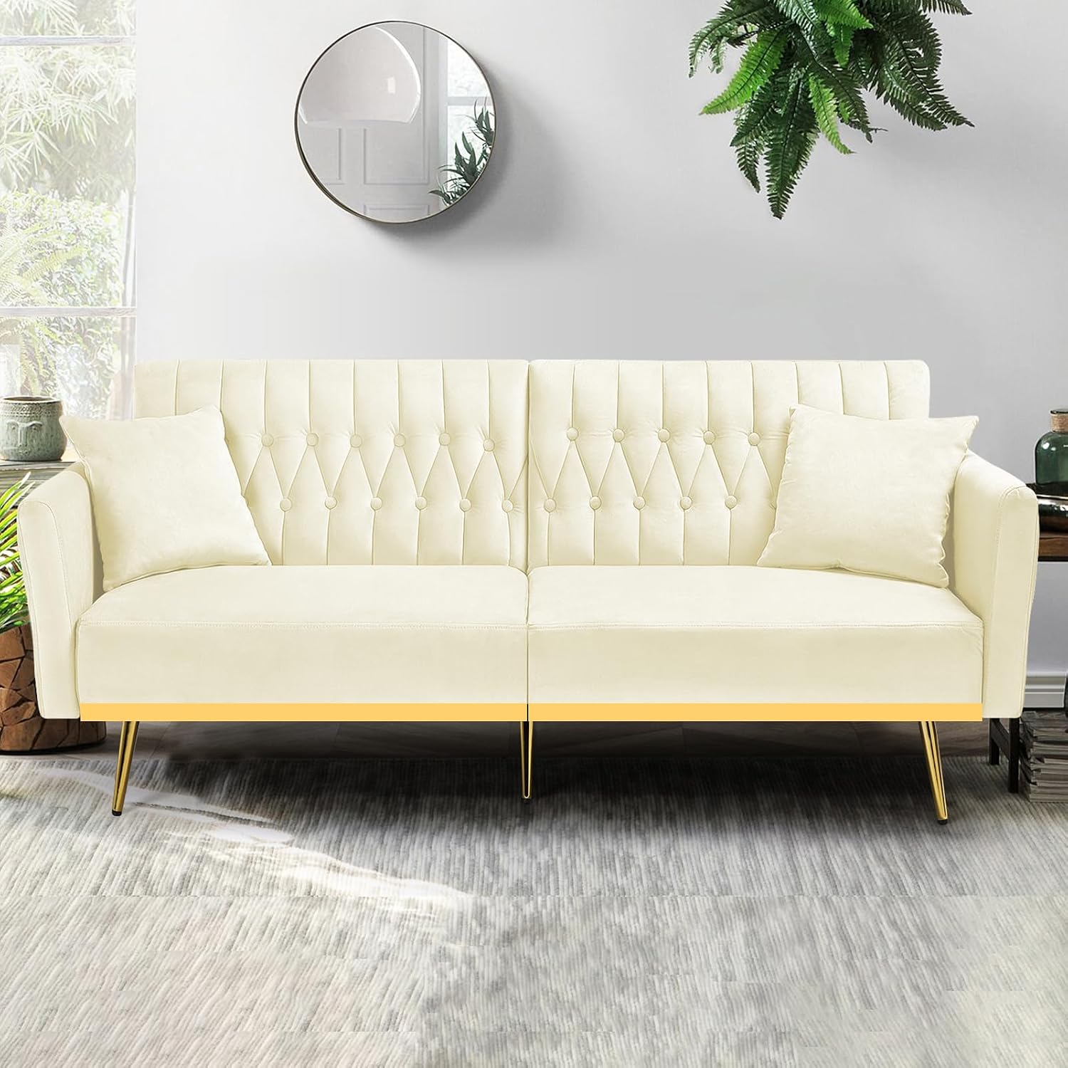 70' Velvet Futon Sofa Bed with 2 Pillows and Adjustable Armrests, Convertible Sleeper Bed W/Adjustable Backrests, Modern Loveseat for Living Room, Bedroom, Beige