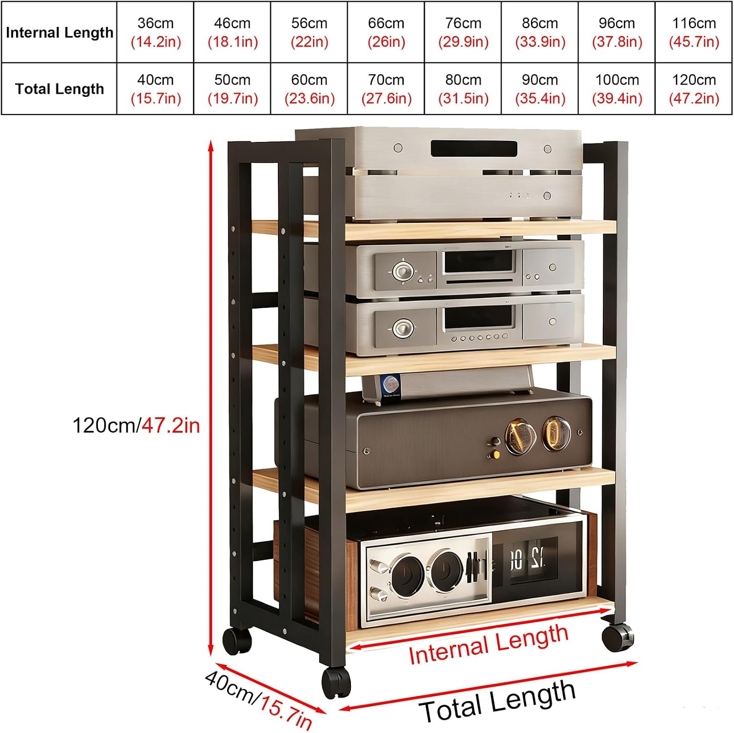 WDJBPSH Heavy Duty Rolling Audio Equipment Cart with Height Adjustable Wooden Shelf, Space-Saving AV Stereo Rack for Office Bedroom Living Room Storage Solution(40cm/15.7in)