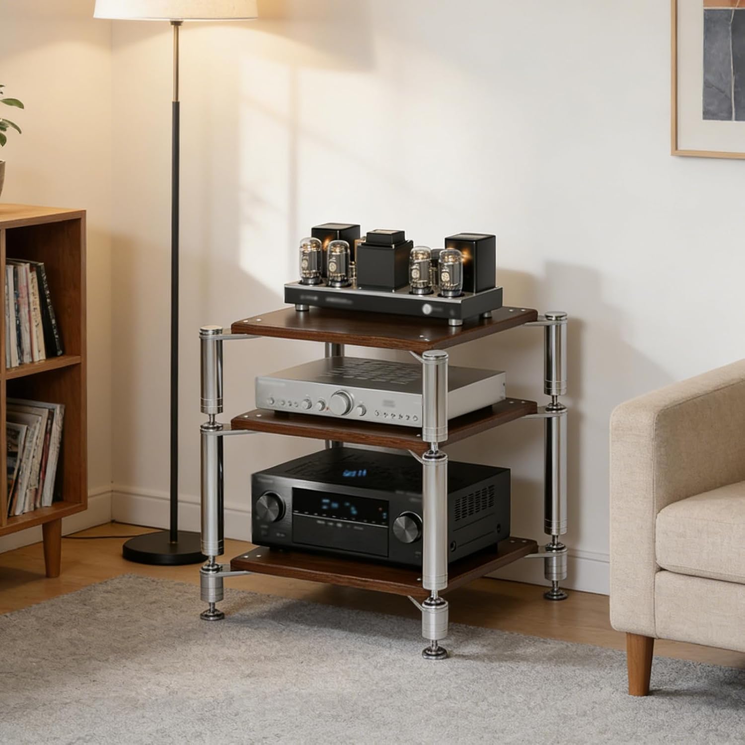 3-Tier AV Media Stand, Heavy Duty Audio Rack with Shock-Absorbing Foot pegs, Open Design av Stand, Multi-Layer Stereo Equipment Rack for Home, Office, Theater (Walnut, 3-Tiers)