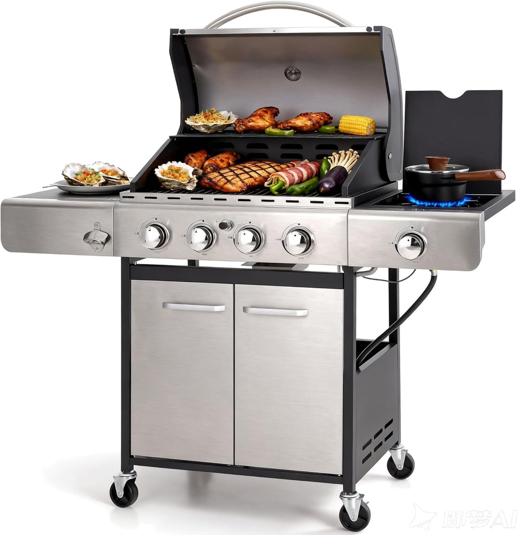 Sophia & William 4-Burner Propane Gas BBQ Grill with Side Burner and Porcelain-Enameled Cast Iron Grates, Stainless Steel Barbecue Grills Outdoor Cooking, Silver Cabinet Style, 42,000BTU