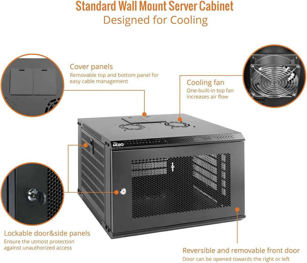 Tecmojo 6U Wall Mount Rack Network Cabinet for 19' IT Equipment,with Lockable Mesh Door and Side Panels,Cooling Fan,450mm Depth (Standard 6U/450mm Deep), Mesh/Black