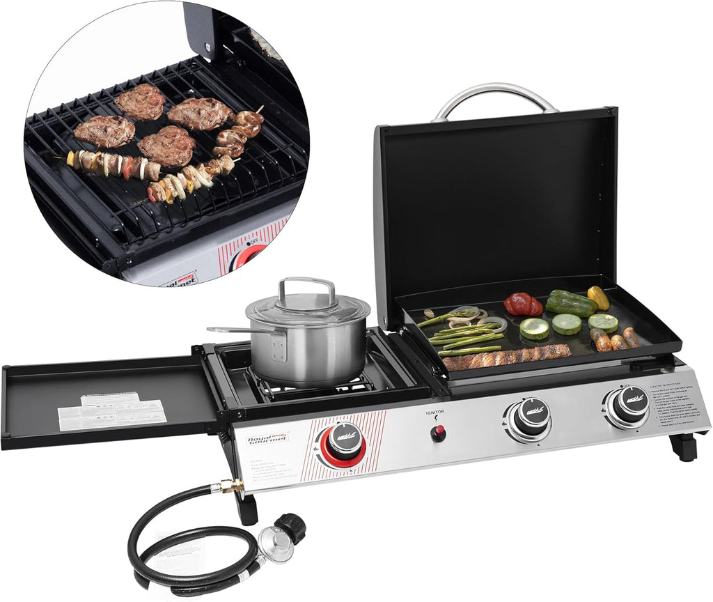 Royal Gourmet PD1305H 3 Burner Propane Gas Grill and Griddle Combo with Lid, 3-in-1 Grill Griddle Combo with 29,000 BTUs Output for Outdoor Cooking, 364 Sq. In. Cooking Area, Silver & Black