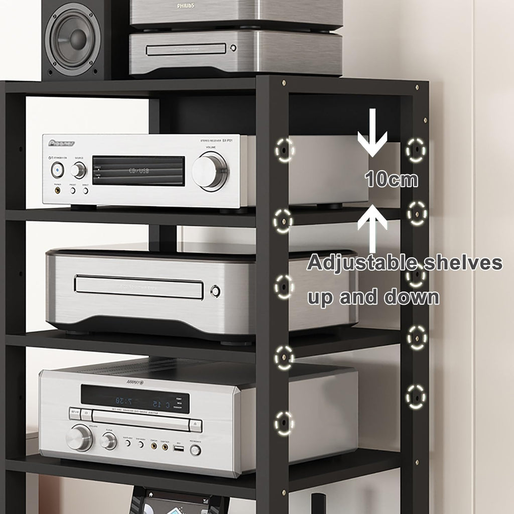 AV Media Tower Stereo Cabinet, 3/4/5 Tier Floor-Standing Audio Rack CD DVD Record Player Stand, Movable Corner Storage Shelf with Wheels for Home Theater, Black(5 Tier)